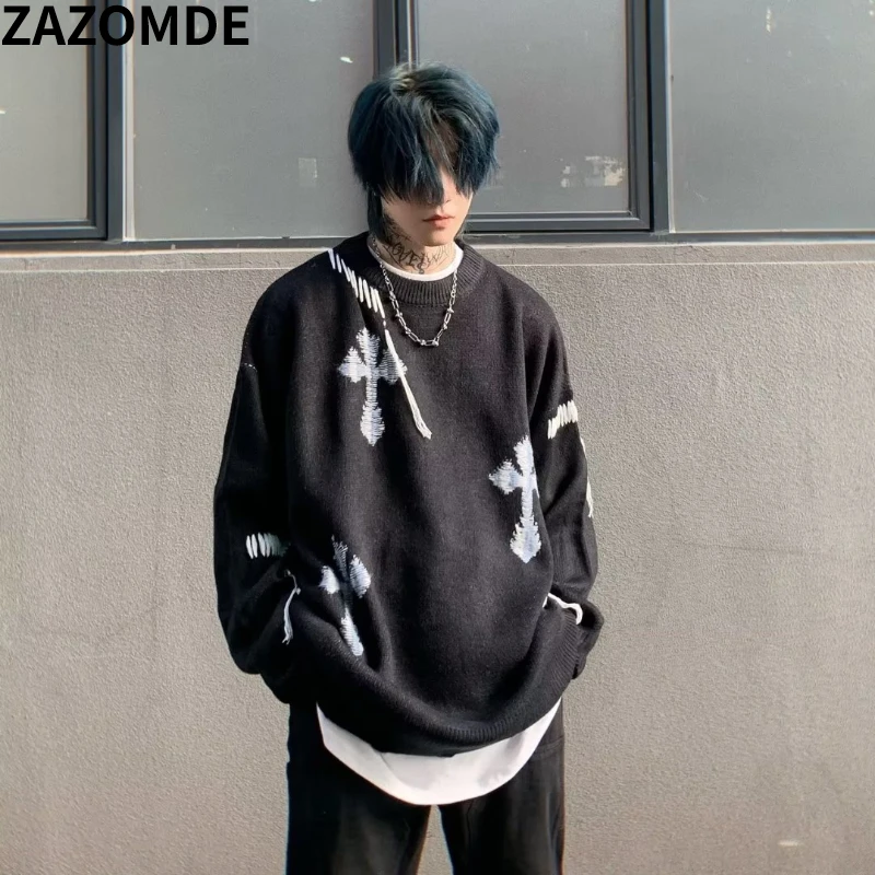 

Свитер ZAZOMDE мужской вязаный, винтажный пуловер в стиле High Street, в готическом стиле, повседневный в стиле хип-хоп, большие размеры, на осень-зиму