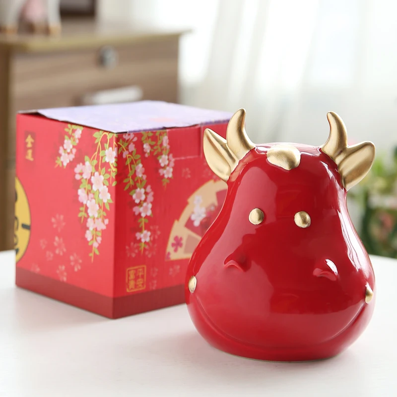 

Niunian Zodiac Mascot Decoration Ceramic Cute Coin Savings Bank Fortune Crafts Home Living Room Coin Bank