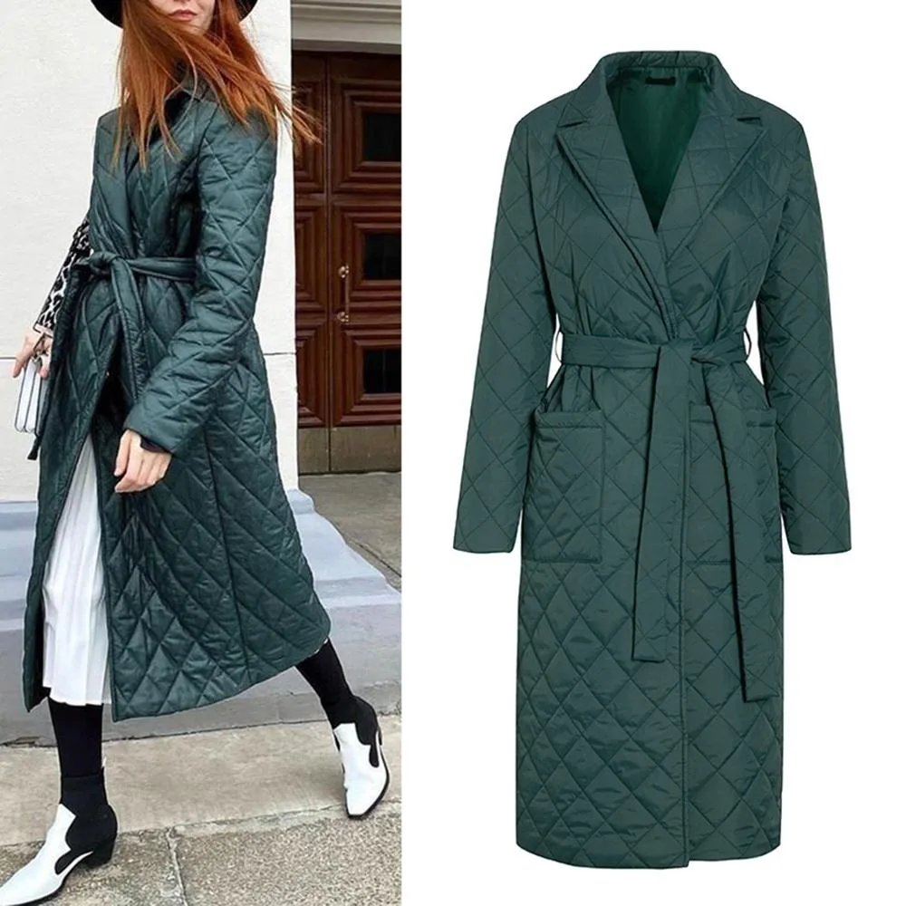 2021 Autumn Winter Coat Womens Argyle Long Jacket Thin Parkas Double Breasted Belt Coat Plaid Trench Coats for Women Overcoat