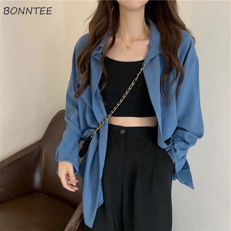 

Shirts Women Solid Simple All-match Office Female Thin Sun-proof Spring Cozy Casual Loose Korean Popular Young Ulzzang Chic New