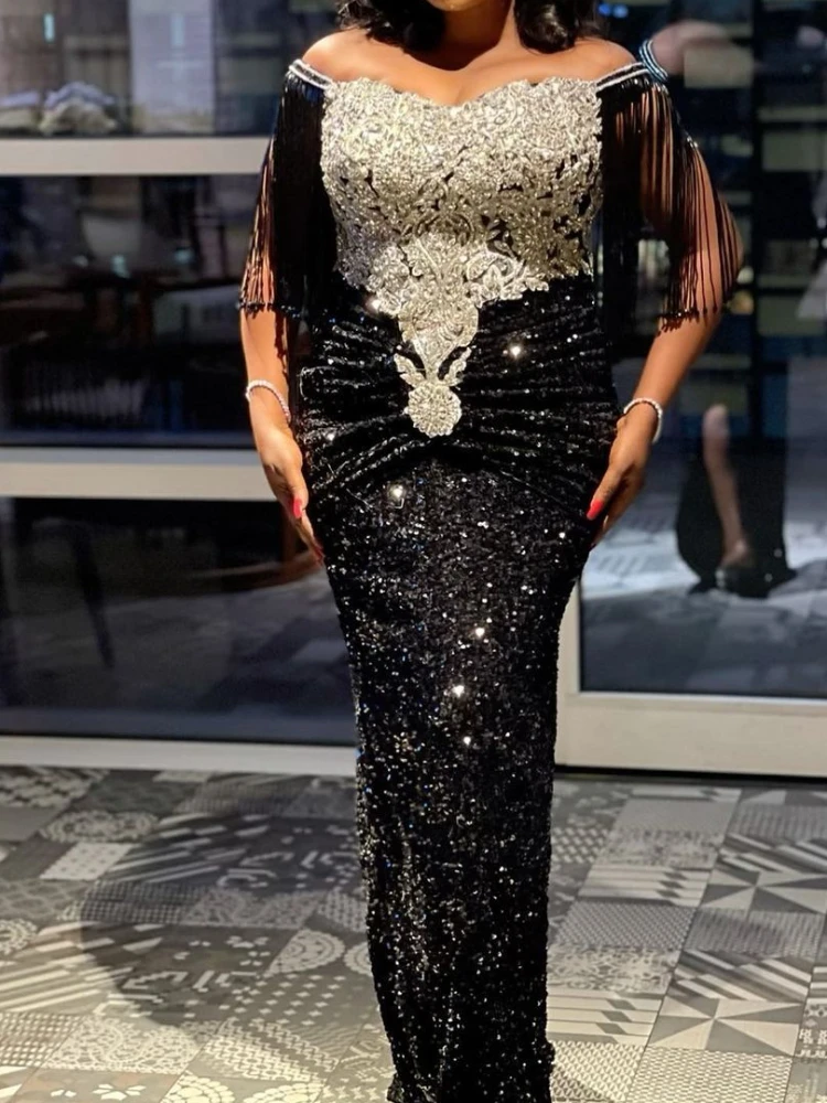 

Women Party Long Dresses Lace Off Shoulder Patchwork Tassels African Female Birthday Christmas Shiny Sequined Glitter Gowns New