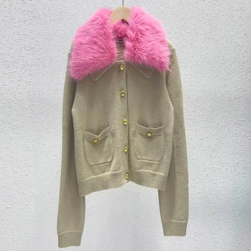 

Модные вязаные кардиганы из 100% шерсти персикового цвета, простой темпераментный однобортный свитер с лацканами и мехом, мягкое женское кор...