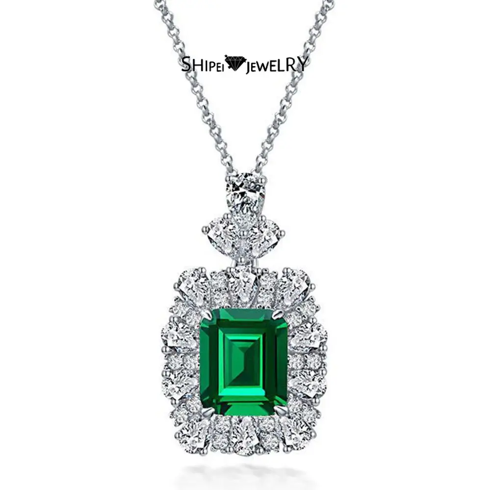 

Shipei Vintage 925 Sterling Silver Emerald Cut Created Moissanite Emerald Gemstone Pendant Necklace Fine Jewelry Wholesale