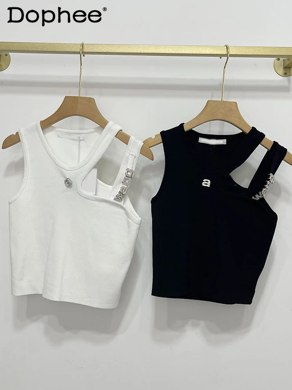

StreetWear Rhinestone Metal Lettered Black Vest Women Irregular Strap Vest Knitwear Camis Y2k Top Female 2022 Summer New Clothes