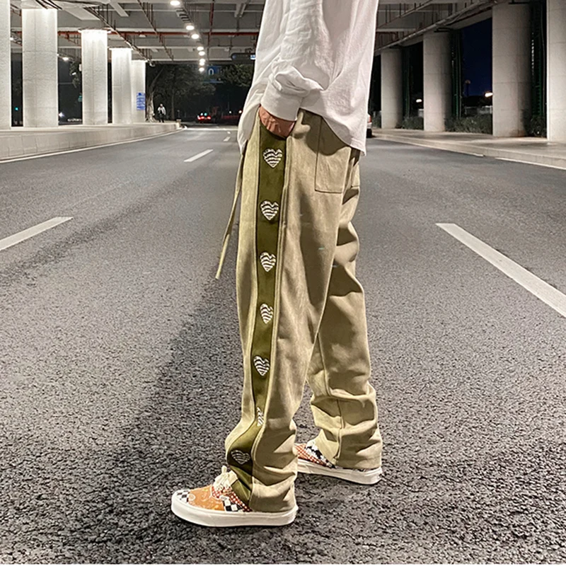 Hip Hop  Loose Trousers High Street Track Pants Suede Love Embroidered Letters Casual Pants Mens Straight Color Block Drawstring