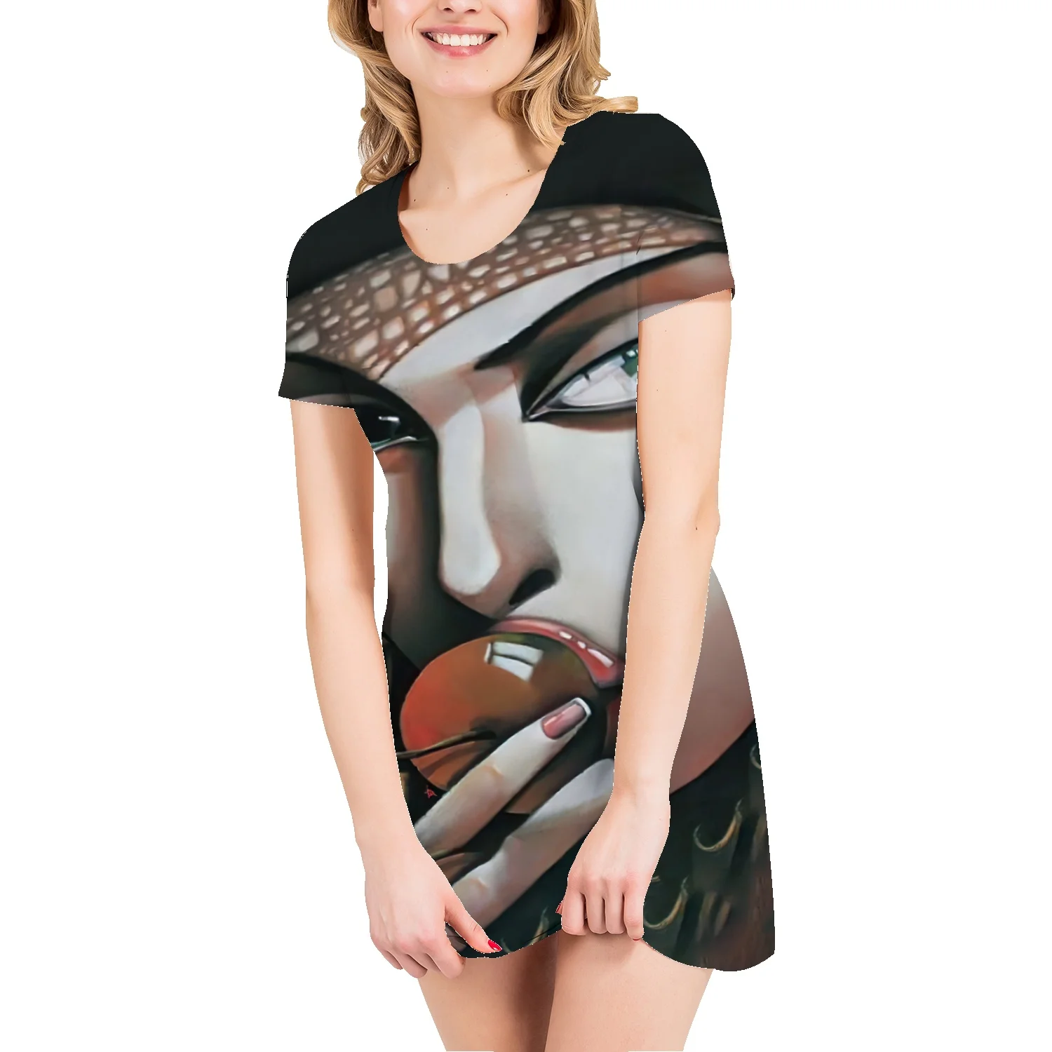 

Abstract portrait new summer 3D printing loose round neck urban women's T-shirt skirt cotton short-sleeved skirt all-match top