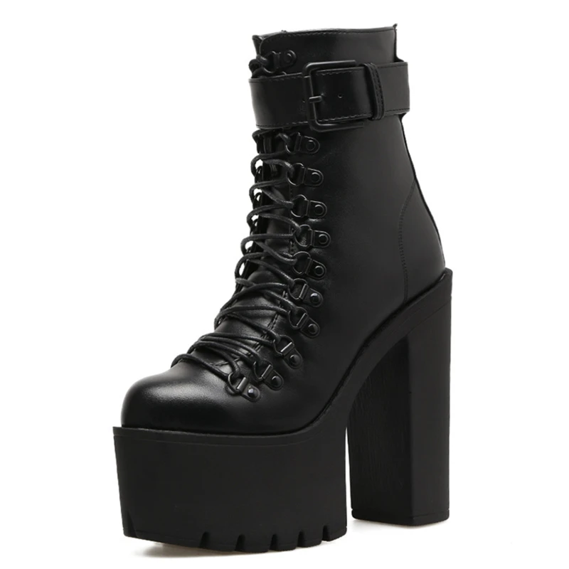 

Women black Boots pu leather high heels platform Pumps Boots lace-up front boot Winter Female fashion shoes Botas De Mujer