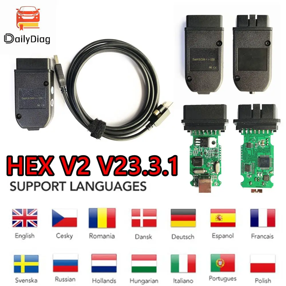 

VAG COM 23.3.1 HEX V2 OBD2 Scanner ATMEGA162+16V8+FT232RQ Chip USB Interface for VW/AUDI/Skoda Seat Auto Diagnostic Tools HEX-V2
