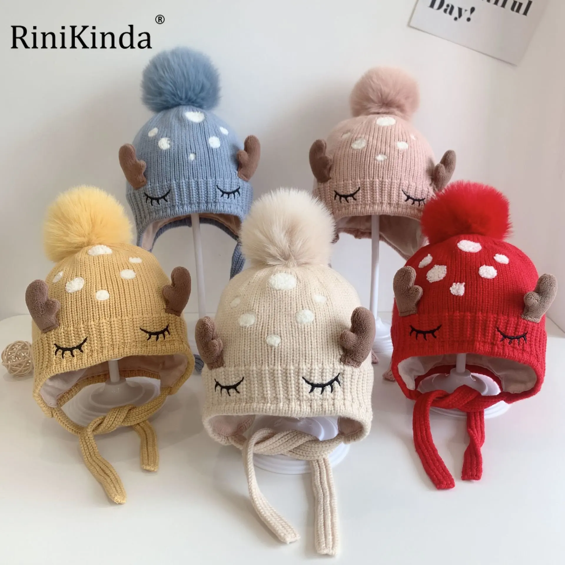 

RiniKinda Cute Deer Elk Antlers Baby Hat Winter Autumn Warm Plush Knitted Ear Warmer Children Hat Bonnet Boys Girls Beanie Hats