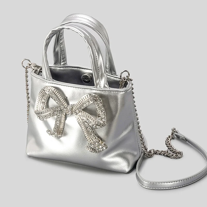 

Fashion Diamonds Bow Small Bucket Bag Designer Women Handbags Luxury Silver Pu Leather Shoulder Crossboyd Bags Summer Tote Puses