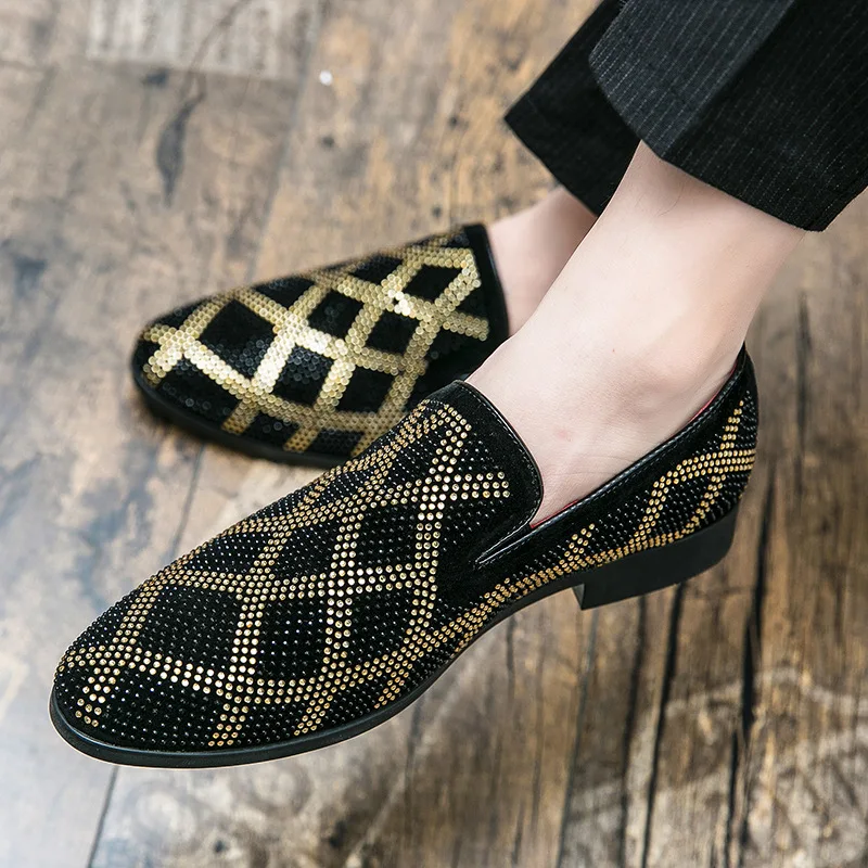 

New Men Leather Casual Shoes Trend Pointed Toe Trend Luxury Rhinestone Striped Dress Shoe Slip-on Loafers