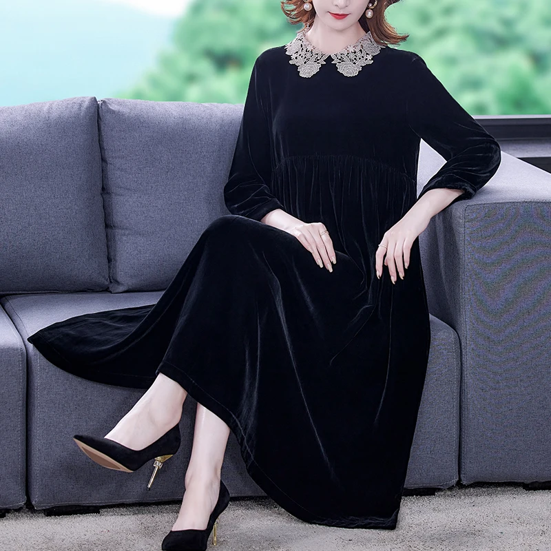 Купи Bigsweety Vintage Velvet Dress New Women Long Sleeve Slim Side Split Dresses Knee Length Elegant Party Dress Vestidos за 1,815 рублей в магазине AliExpress