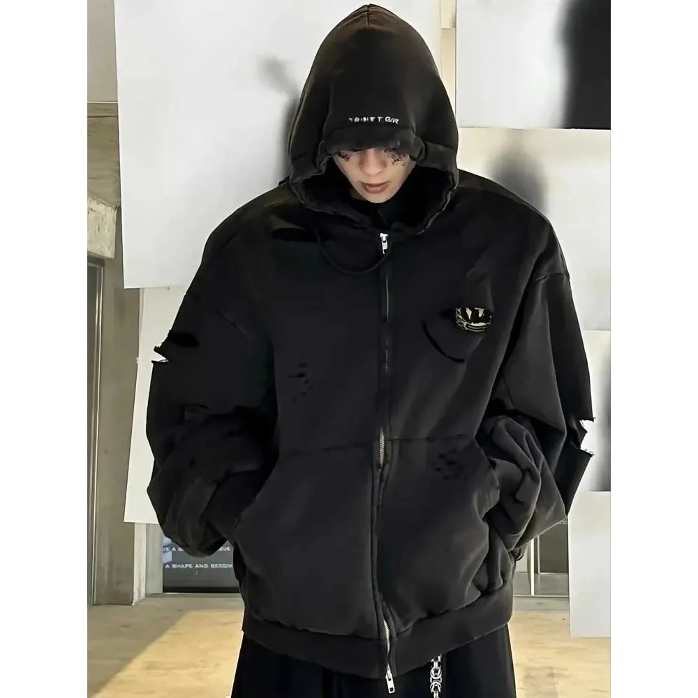 NIGO Men's Washed Black Damaged Old Holes Double Zip Sweater Autumn Winter Korean Sweatshirt American Hoodie Jacket #NGTOP11492