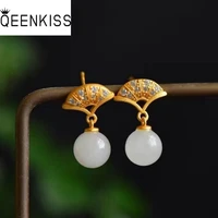 qeenkiss eg5207 fine jewelry wholesale fashion woman bride mother birthday wedding gift vintage fan jade 24kt gold stud earrings