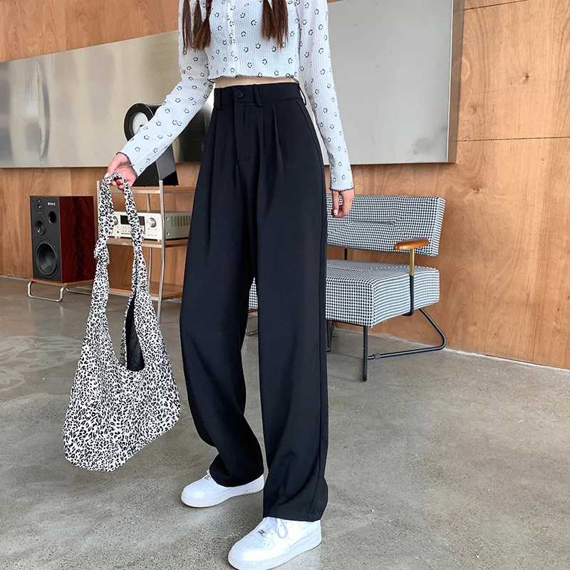

Black Women Suit Pants High Waist Baggy Straight Fashion Self Cultivation Folds Zipper Summer Wild Casual Wide Leg Long Trouser