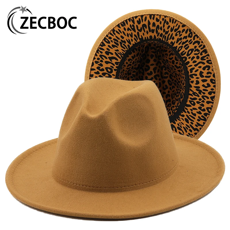 

2022 Winter Fedora Hat For Women Fashion Flat Wide Brim Panama Wool Felt Jazz Fedora Hats Men Solid Leopard Goth Top Wedding Hat