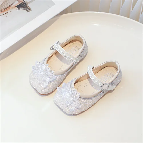 Кожаные Туфли Для Девочек Розового/коричневого Цвета С Жемчужными Цветами И