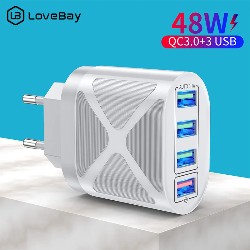 

Lovebay 4 Ports USB Charger Phone Charger 48W QC 3.0 Fast Charging Adapter For iPhone 13 12 Samsung S20 Huawei P30 USB Charger