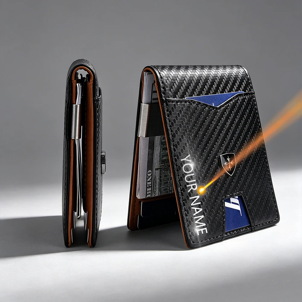 Фото Мужские короткие кошельки Baellerry RFID из углеродного волокна, держатели для карт с гравировкой имени, мужской кошелек, высококачественный чехол для карт, мужские зажимы для денег №1