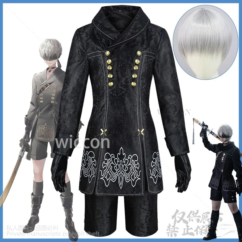 Аниме Nier Automata 9S Yorha Косплей Костюм Черное Готическое Пальто Брюки Униформа Парики