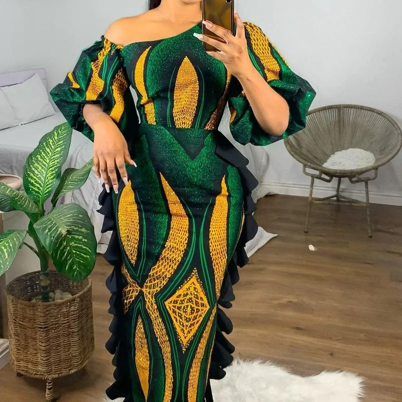 

African Dresses For Women Polyester Dress Slim 2022 Autumn Sexy Cut Out Ruffles Dresses Women Party Office Maxi Vestidos S-3XL