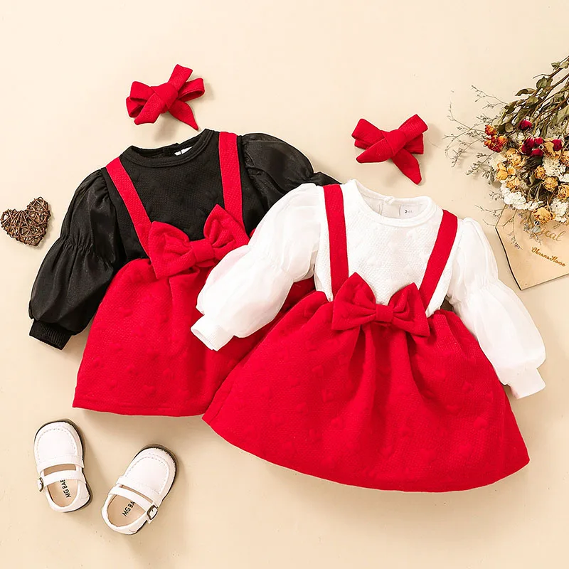 

Осеннее Повседневное платье с пышными рукавами и бантом для маленьких девочек, милое детское красное платье принцессы для девочек, одежда д...