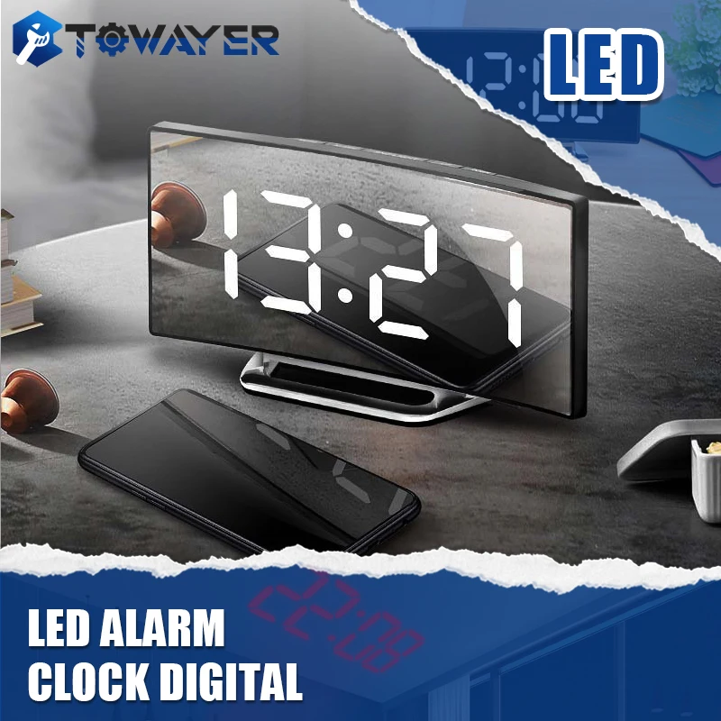 Led Alarm Clock Digital Table Electronic Alarm Clocks Curved Screen Mirror Temperature Snooze Function Desk Clock Home Decor