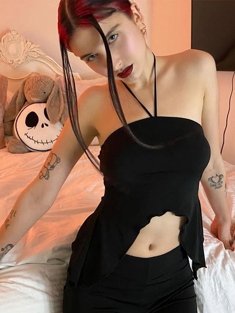 

Женский укороченный топ с открытыми плечами, асимметричный сексуальный черный топ с воротником хомутиком, уличная мода 2023