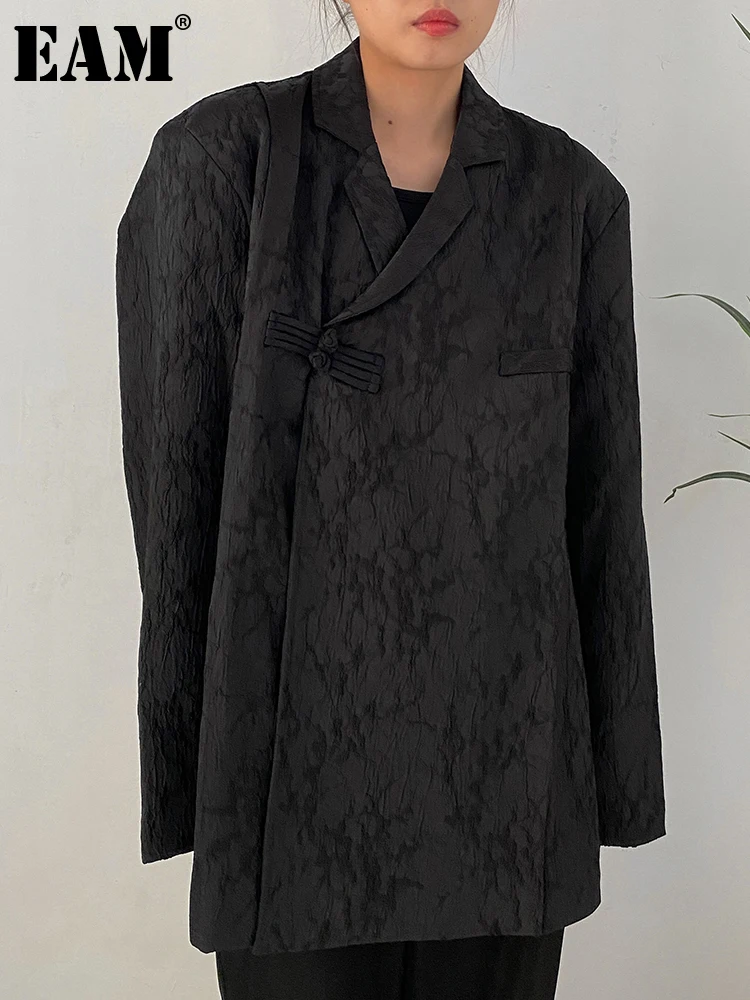 

[EAM] Women Black Jacquard Big Size Blazer New Lapel Long Sleeve Loose Fit Jacket Fashion Tide Spring Autumn 2023 1DF1798