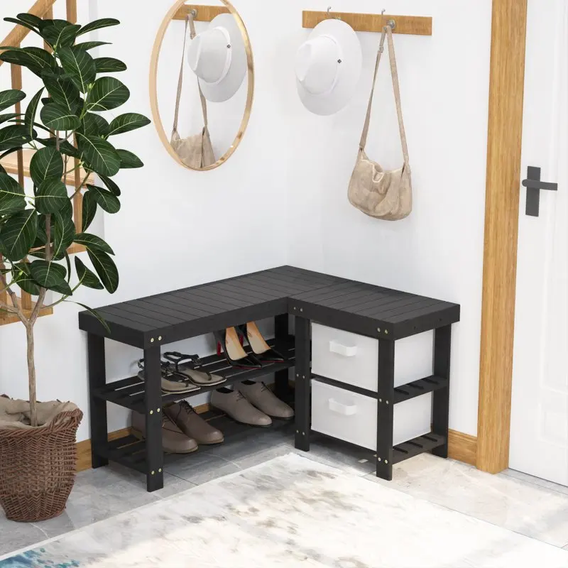 

Solid Bamboo 3 Tier L-Shape Shoe Storage Bench with Drawers, Detachable Shoes Rack Organizer for Entryway Hallway, Black
