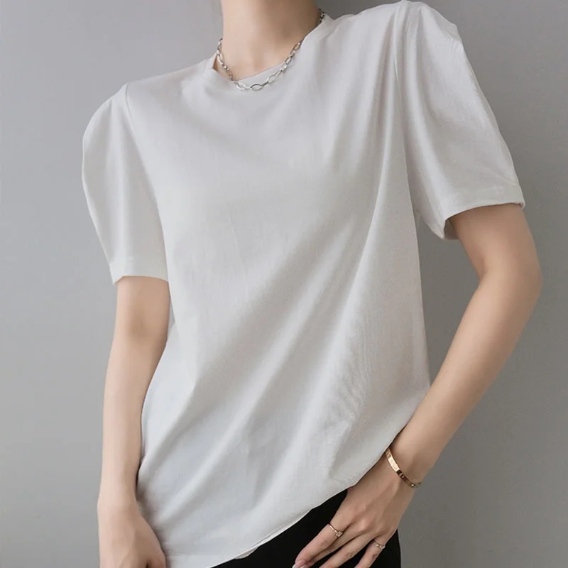 

Women Chic Solid Color Casual Summer T-shirts 2021 New Fashion Bubble Sleeves Tops Korean Female Cotton Tees Streetwear Loose