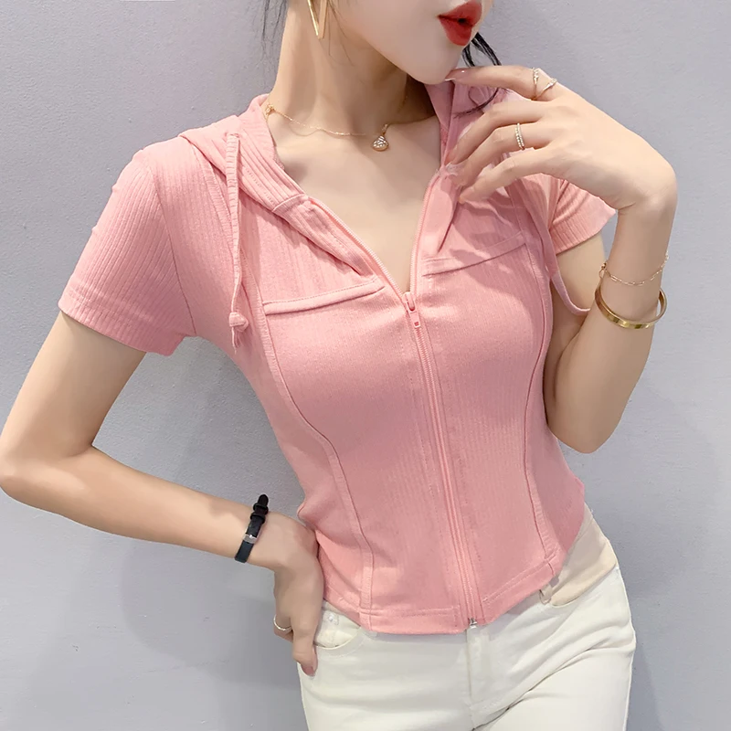 

Summer Zipper T Shirt For Women Solid Short Sleeve Tee Casual Hooded T-shirt Black Pink Crop Tops Y2K Streetwear Cropped Coat