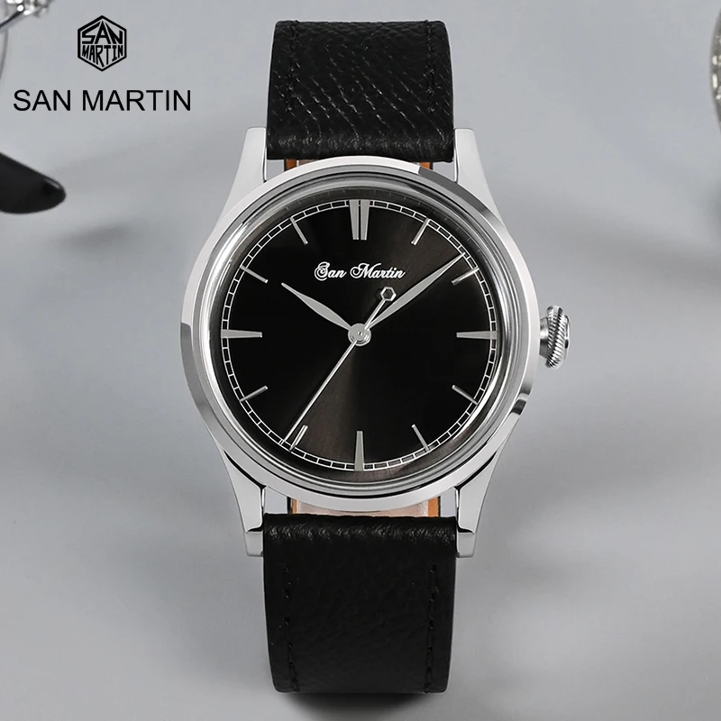 

San Martin New Fashion Dress Mens Watches PT5000 Sapphire Crystal 50m Water Resistant Stainless Steel Case Leather Strap Clock