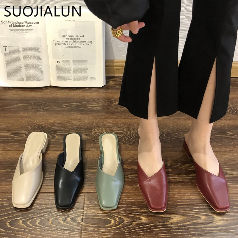 

SUOJIALUN Fashion Women Slipper Square Low Heel Shallow Slip On Mules Shoes Ladies Elegant Casual Outdoor Slides Zapatillas Muje