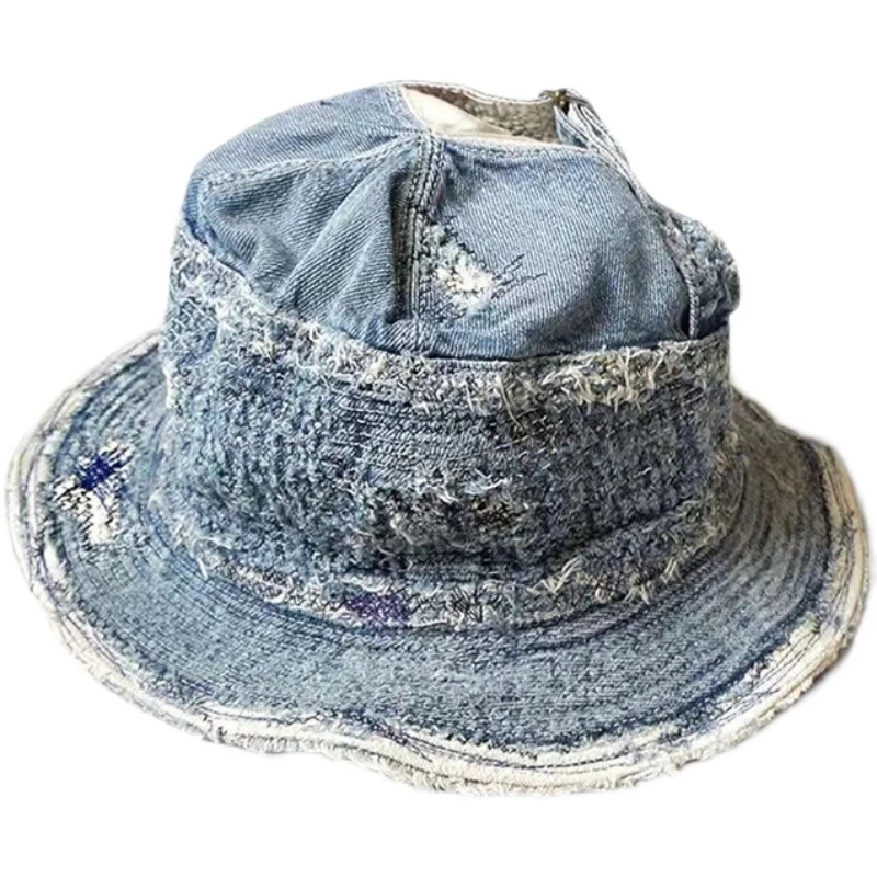 Cotton One Size Blue Wide Brimmed Basin Bucket  Hat