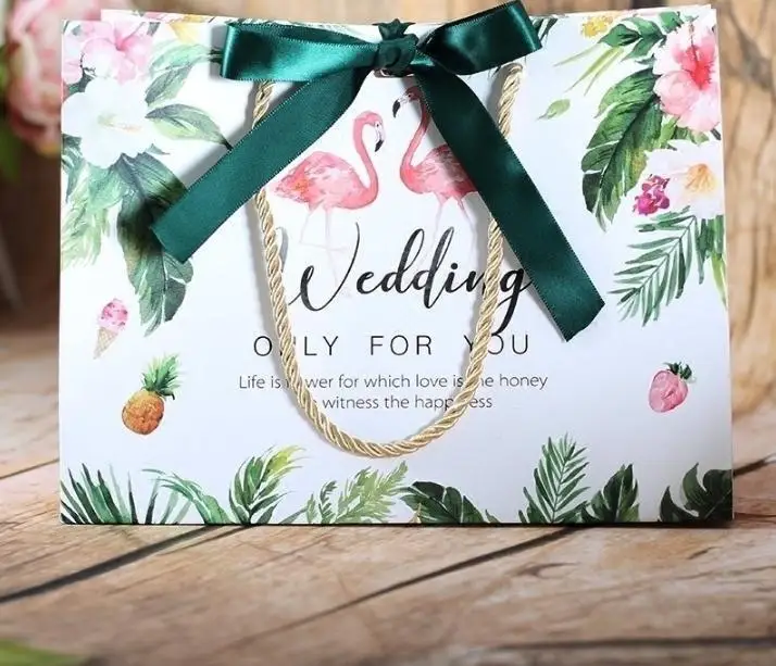Пакет из крафт-бумаги с фламинго ручкой и лентой бумажные подарочные пакеты для
