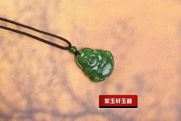 Китайский Синьцзян зеленый нефрит Maitreya Будда Кулон ручная резьба ожерелье Мода
