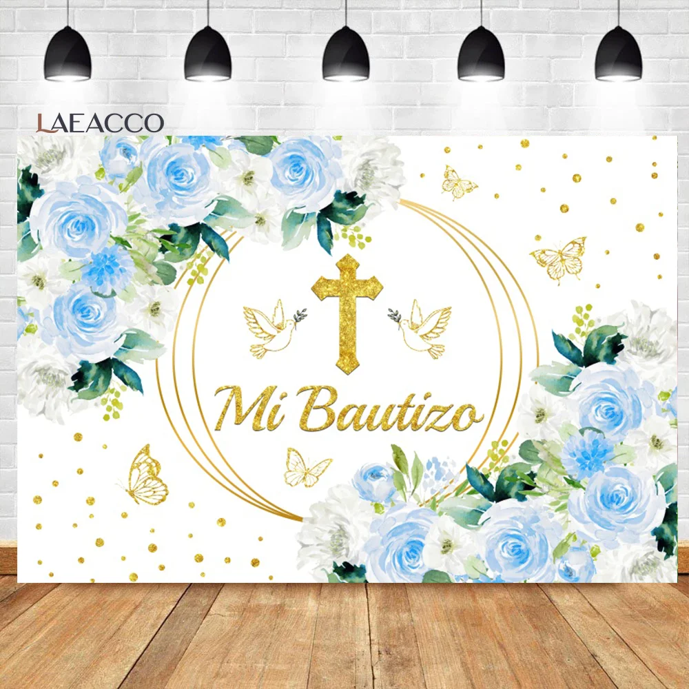 

Laeacco God Bless Blue Floral Mi Bautizo Baptism BackdropGlitter Gold Dots Butterfly Kid Portrait Custom Photography Background