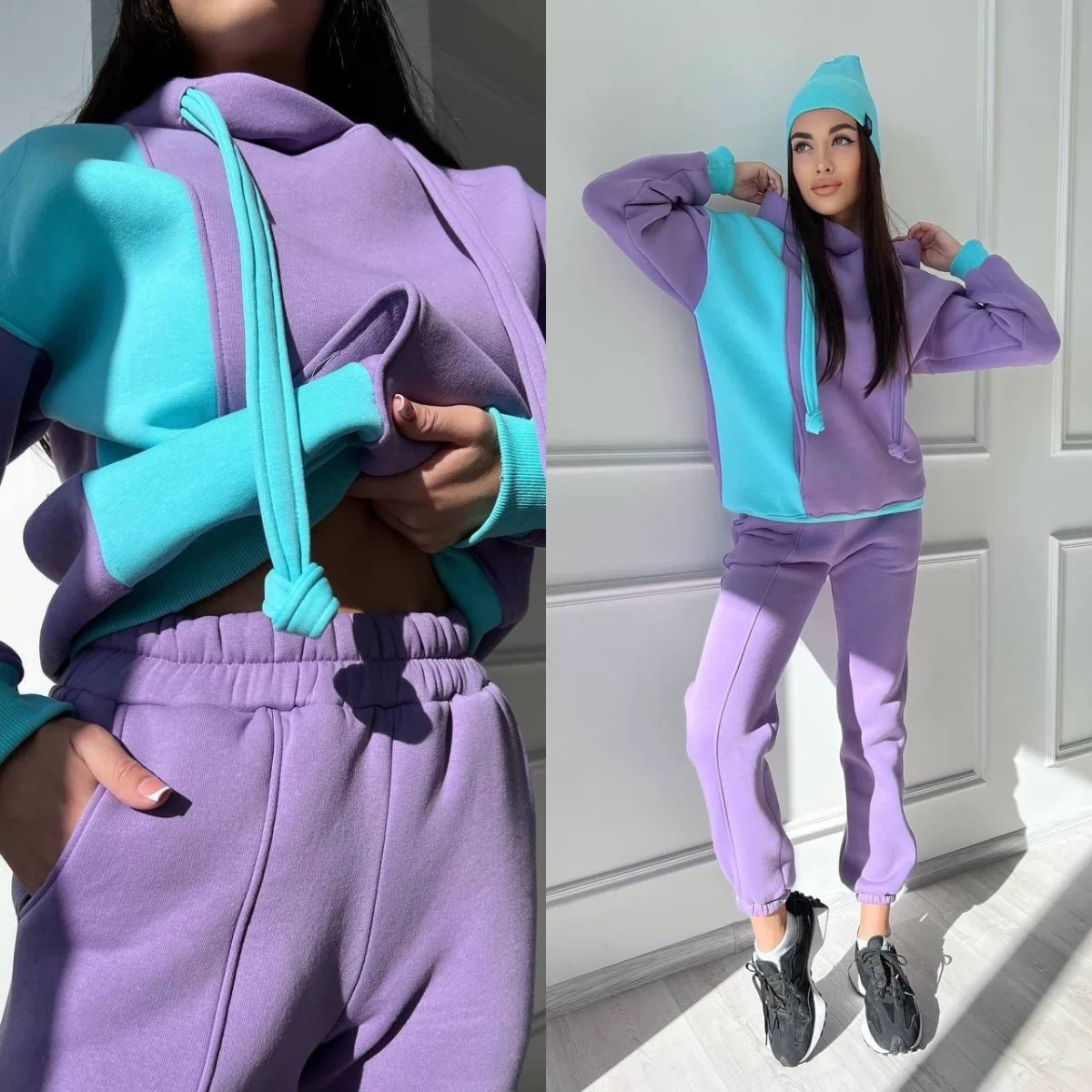 

Women's Fashion Casual Hoodie Set with Fleece Contrast Color Personalized Pullover Elastic Waist Sports Pants 2-piece Set