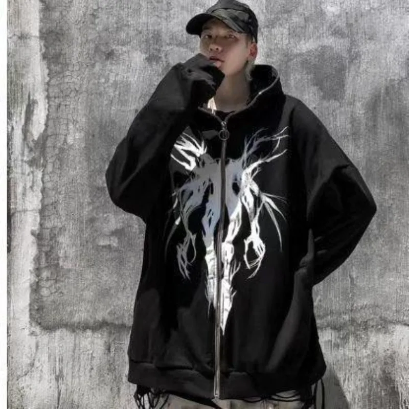 

2023 New Unisex Teenage Punk Gothic Street Hoodies Front Zip Up Sweatshirt Jacket Coat Sweatshirt Plus Size Y2k Women Hoodies