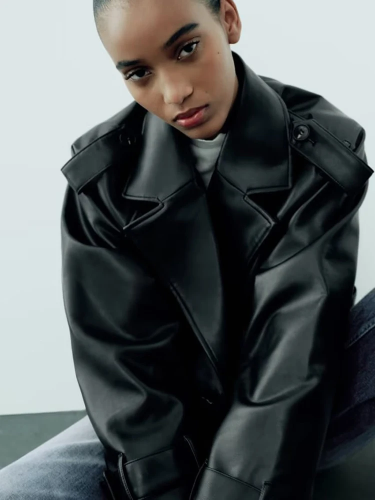 

2024 New Women Pu Jacket With Belt Cropped Leather Jacket For Women Autumn Winter Women Streetwear Faux Leather Jacket Top