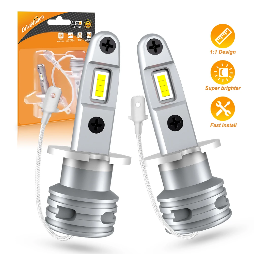 

DriveVision 2Pcs H3 LED Fog Light Bulb 6500K White for Car Driving Running Lamp Headlight DRL Auto LED Lights CSP 12V 1:1 Design