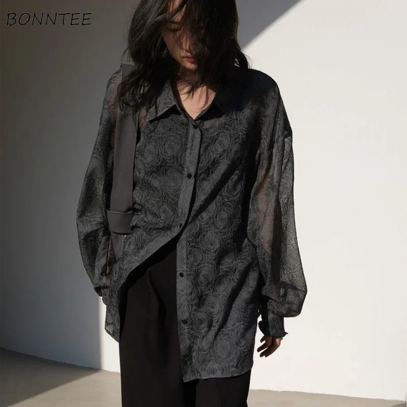 

Рубашки женские прозрачные повседневные винтажные с особым цветочным принтом для студентов модные летние простые свободные универсальные...