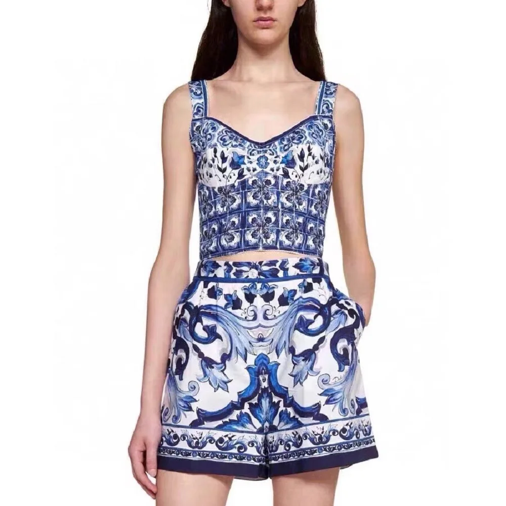 

traf 2023 woman tops satin 3D printing corset women's suspenders vest y2k clothes New blue and white porcelain tube top shirt