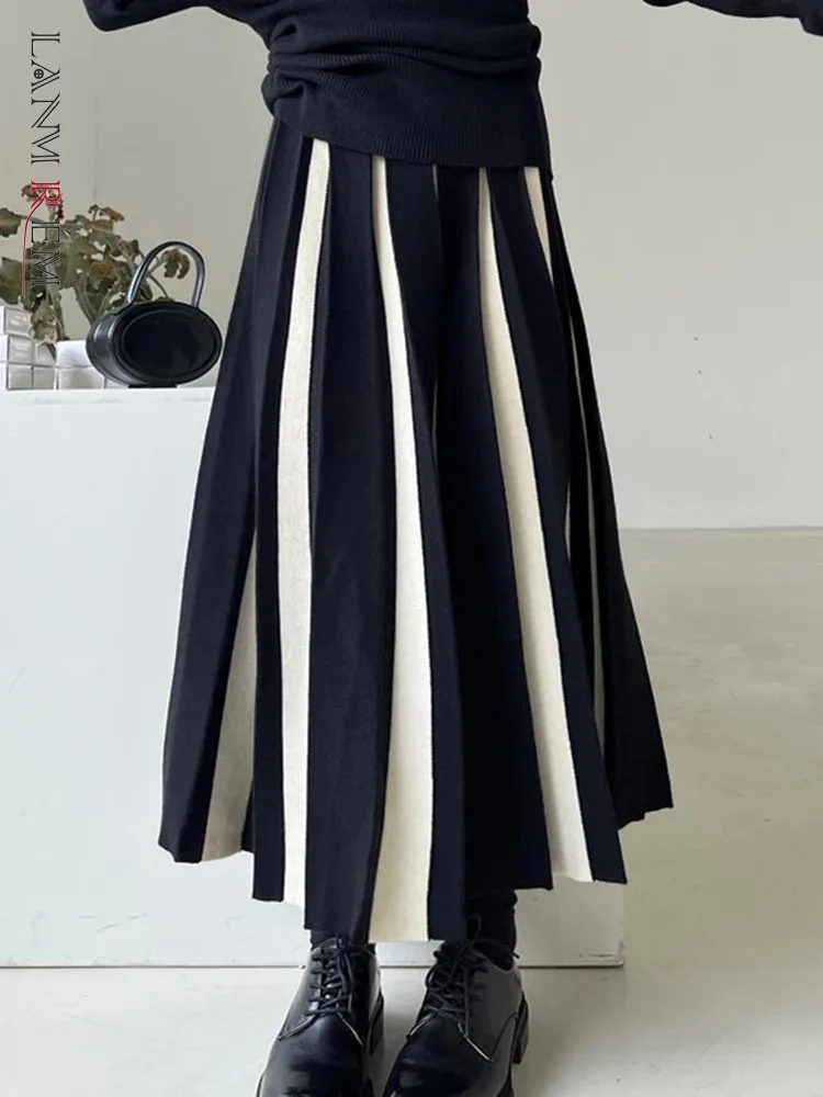 

LANMREM трикотажная полосатая контрастная Юбка со складками, Женская юбка трапециевидной формы с высокой талией средней длины, уличная одежда 2023, осенняя Новинка 2AA3550