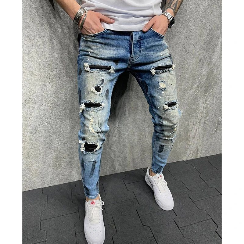 2023 Fashion Ripped Jeans Men Y2k Streetwear Jean Homme Stretch Slim Fit Skinny Denim Trousers  Pencil Pants Black Blue Gray 