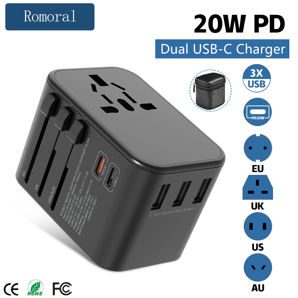 

2000W Universal Travel Adapter 160 Countries Converter Plug 6.0A USB C Apple Smart Wall Charger Ports for EU UK AUS US Travel