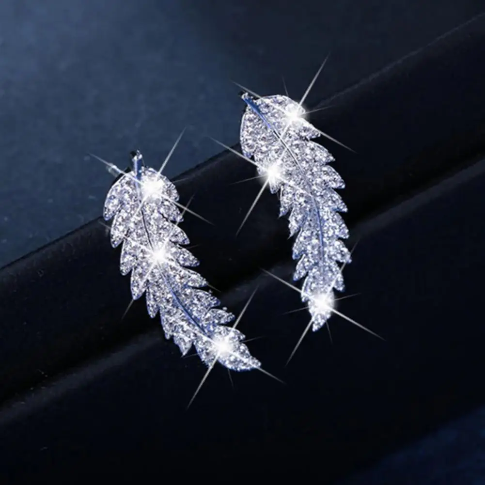 

1 Pair Women Earrings Leaf Rhinestones Jewelry Electroplating Sparkling Stud Earrings for Wedding