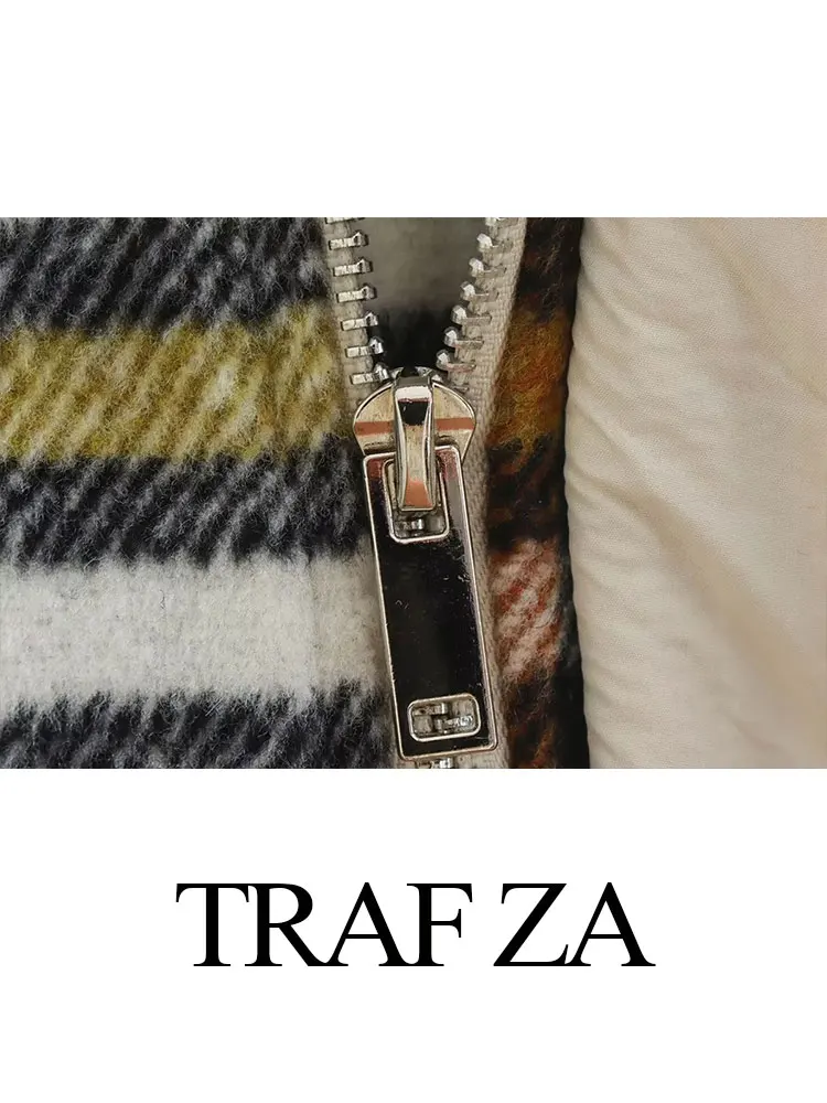 TRAF ZA Women's Fashion Casual Loose Cotton Coats Contrast Plaid Patchwork Zipper Long Sleeve Jacket Female Chic Outerwear