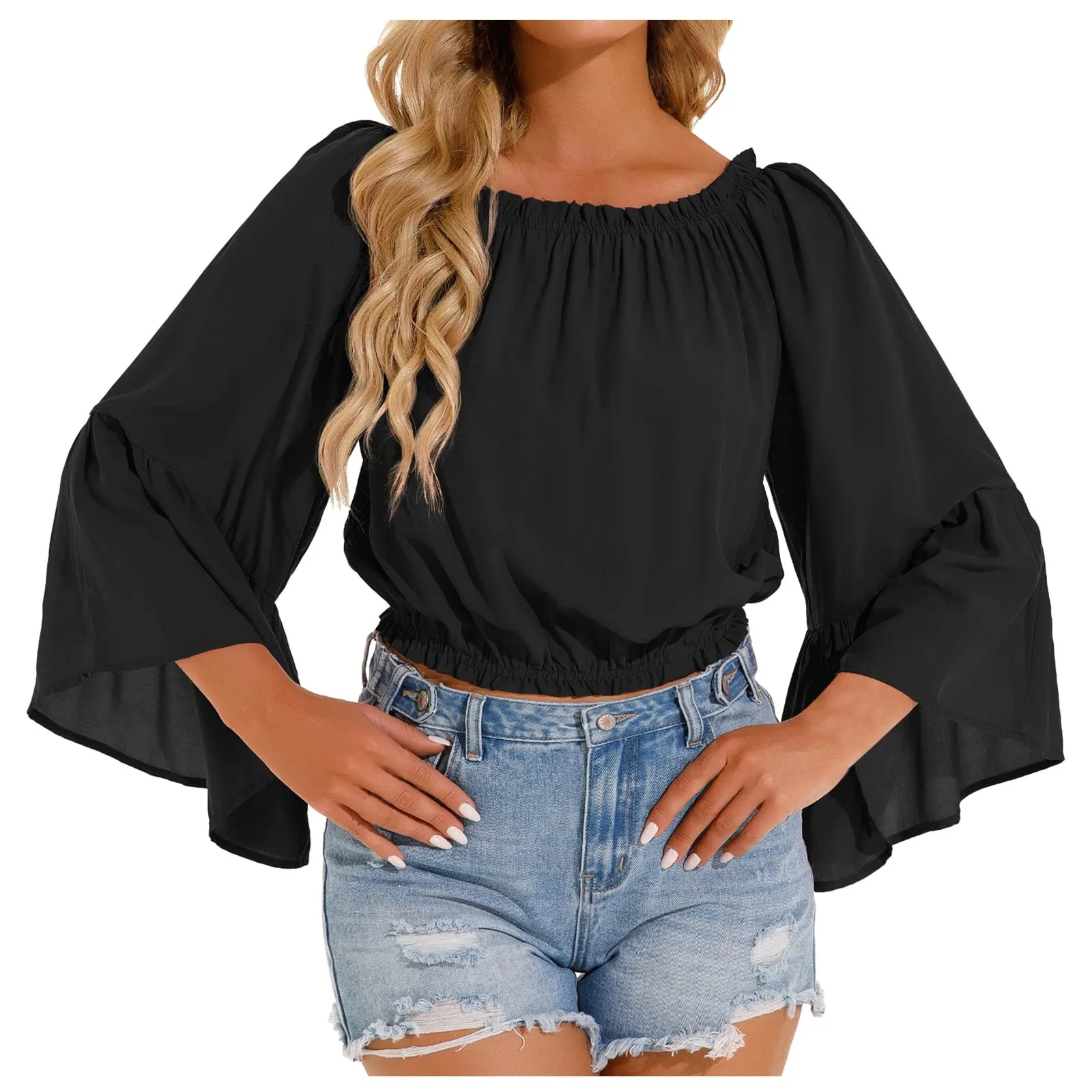 

Women Sexy Off Shoulder Tie-Up Blouse Spring Casual Flare Long Sleeve Loose Pullover Top Autumn Elegant Flower Print Shirt Blusa